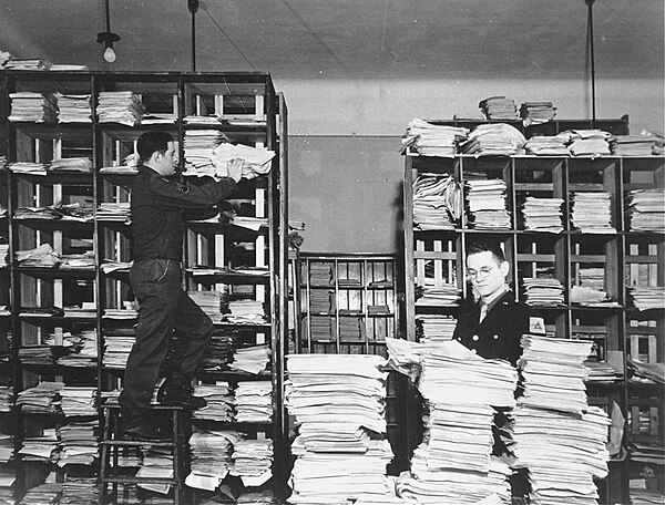 United States Army clerks with evidence collected for the Nuremberg trials