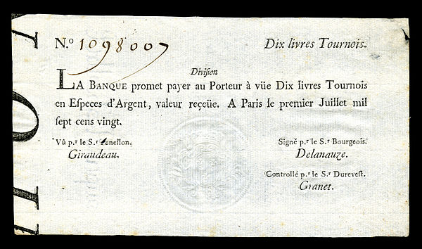 10₶. note issued by La Banque Royale (1720)