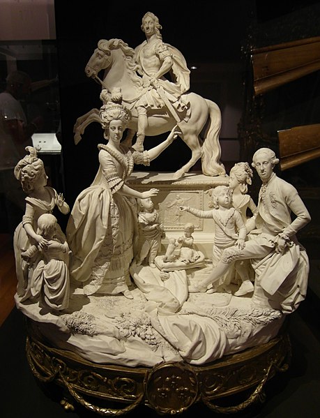 Naples biscuit porcelain group of the Bourbons: King Charles at rear, Ferdinand seated, with his wife and some of their 18 children. Filippo Tagliolin