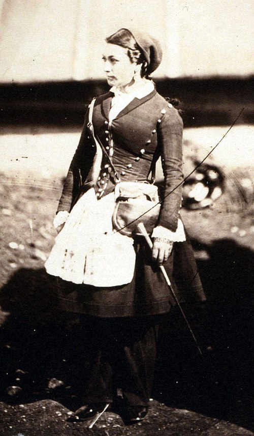 A French vivandiere (cantinière) wearing Zouave regimental dress, during the Crimean War in 1855.