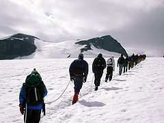 Approaching Galdhøpiggen (Norway's highest summit) across the glacier