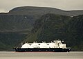 Gas tanker off a liquefaction factory in a fjord in Norway