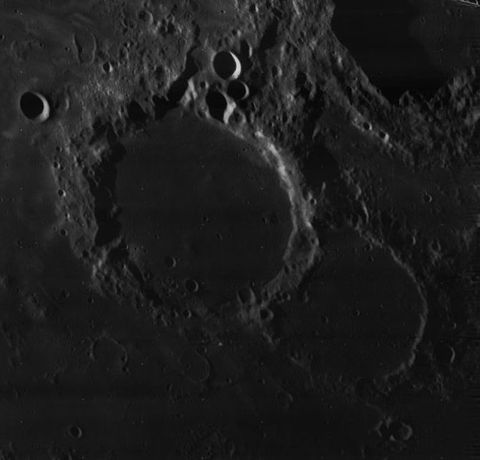 Oblique Lunar Orbiter 4 image of Goddard (large crater at left) and Ibn Yunus (right) Goddard crater Ibn Yunus crater 4165 h3.jpg