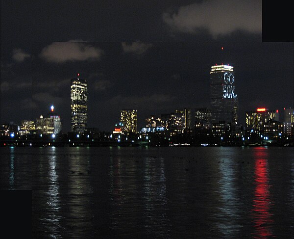 Prudential Tower showing the "GO SOX" light pattern in support of the Boston Red Sox