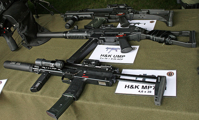 The MP7 personal defense weapon, UMP submachine gun, and G36C assault rifle, firearms developed by Heckler & Koch at the turn of the 21st century.