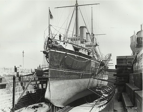 The bow of HMS Royal Arthur while drydocked in Sydney.
