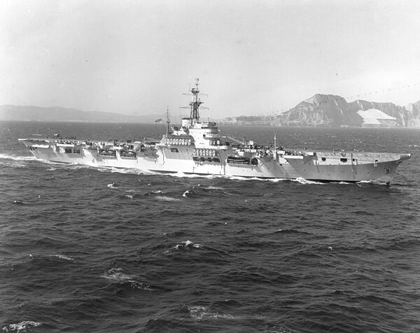 HMS Warrior, a Colossus-class light aircraft carrier, was the headquarters ship for Britain's atom hydrogen tests on Christmas Island.