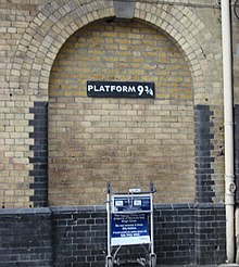 "Platform
9+3/4" sign on London King's Cross railway station Harry Potter Platform Kings Cross.jpg