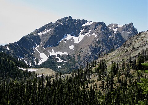 Hawkins Thimble centered, true summit to right Hawkins Mountain from Lake Ann Pass.jpg