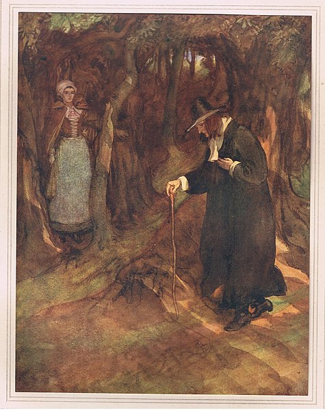 She beheld the minister advancing, illustrated by Hugh Thomson from a 1920 edition