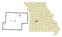 Hickory County Missouri Incorporated og Unincorporated områder Cross Timbers Highlighted.svg