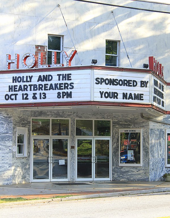 a picture of the marquee outside the Historic Holly Theater. Seeing a show here would be a fun thing to do in Dahlonega GA