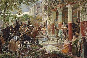 1910 Rochegrosse depiction of Roman villa in Gaul sacked by the hordes of Attila the Hun Huns by Rochegrosse 2.jpg