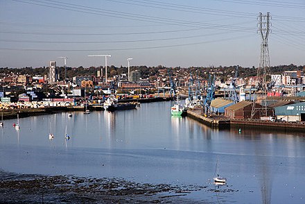 The Port of Ipswich from the Orwell Bridge. The tidal quays at the port of Ipswich include Cliff Quay to the right and the West Bank Terminal to the left.