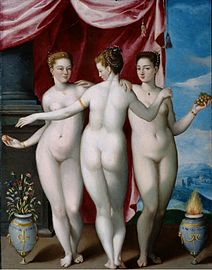 Jacopo Zucchi, Le tre Grazie, olio su rame, 1575-76.  Galleria degli Uffizi
