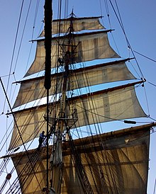 James Craig with sails set off Sydney Heads in July 2019 James Craig (Barque) with sails set in 2019.jpg