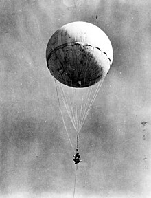 Shot-down fire balloon reinflated by the US at Moffett Airfield Japanese fire balloon Moffett.jpg