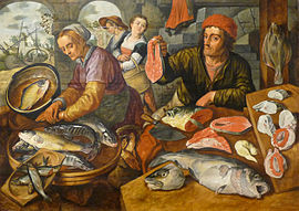 The fish market label QS:Len,"The fish market" label QS:Lpl,"Targ rybny" 1568. oil on panel medium QS:P186,Q296955;P186,Q106857709,P518,Q861259 . 119 × 165 cm (46.8 × 64.9 in). Strasbourg, Musée des Beaux-Arts de Strasbourg.