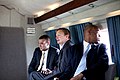 Jon Favreau (left), Deputy Chief of Staff Jim Messina, and political director Patrick Gaspard (right) on Marine One, returning to Washington D.C. from Los Angeles on May 28, 2009