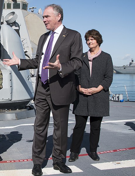 File:Kaine and his wife, Anne Holton, speak with servicemembers during a visit to the American Destroyer USS Donald Cook (DDG 75) at Naval Station Rota. (45748699822) (1).jpg