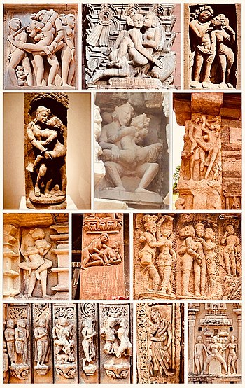 Art work portraying Kama in Hindu temples. These works depicted courtship, amorous couples in intimacy (maithuna), or a sex position. Viewed with a spiritual outlook, sexual arousal is believed to indicate the embodying of the divine. Above: Temples in India and Nepal (c. 400 - c. 1400 CE). Kama, mithuna artwork in Hindu temples.jpg