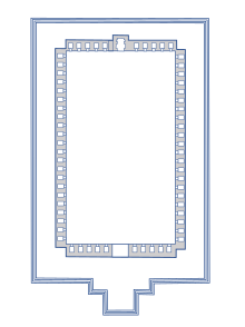 Yogini temple plan, showing the 64 small shrines around a rectangular courtyard, and one larger shrine at the centre of the wall opposite the entrance Khajuraho 64-yogini temple plan.svg