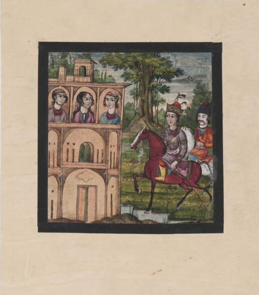 File:Khusraw, accompagné par un homme à moustache, s'avance vers le château de Shîrîn, 1er quart 19e s.png