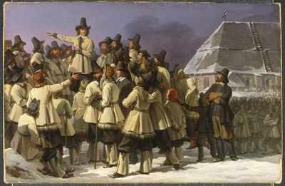 Gustav Eriksson addressing men from Dalarna in Mora. Painting by Johan Gustaf Sandberg.