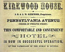 Kirkwood House advertisement in 1858 edition of Boyd's directory of Washington, D.C. Kirkwood House advertisement Boyd's directory of Washington DC 1858 30112071849928-30-1688167123 page 1.jpg