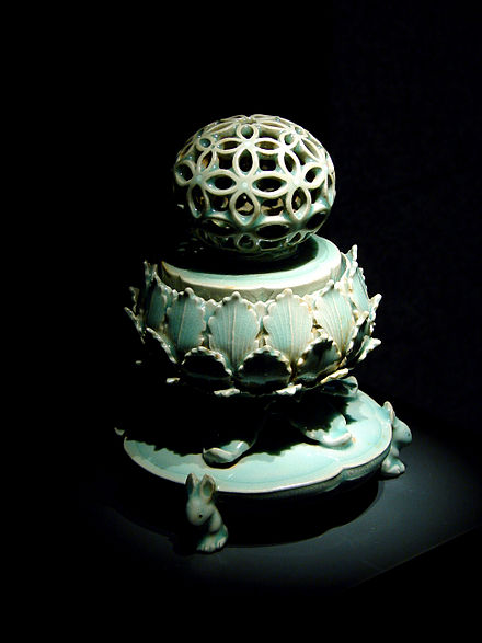 A celadon incense burner from the Goryeo Dynasty with Korean kingfisher glaze. National Treasure No. 95 of South Korea
