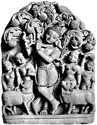 The mythology in the Puranas has inspired many reliefs and sculptures found in Hindu temples.[186] The legend behind the Krishna and Gopis relief above is described in the Bhagavata Purana.[187]