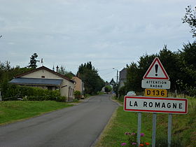 La Romagne (Ardennes) city limit sign.JPG