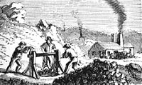 Black-and-white drawing of men working in a mine