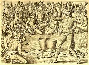 One of Theodor de Bry's engravings possibly based on LeMoyne's drawings, depicting Chief Saturiwa preparing his men for battle Lemoy011.jpg