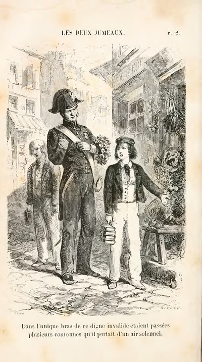Un jeune garçon tenant des livres tourné vers un homme dans un uniforme portant bicorne.L'enfant montre quelque chose hors champ. Un troisième personnage en arrière plan les regarde.