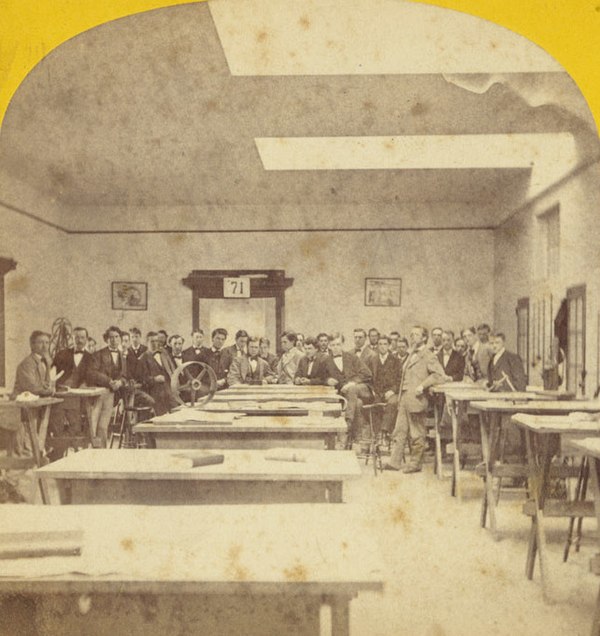 Stereographic card showing an MIT mechanical drafting studio, 19th century (photo by E. L. Allen, left/right inverted)