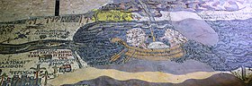 A cargo boat on the Dead Sea as seen on the Madaba Map, from the 6th century AD Madaba BW 9 THERMA KALLIROIS highlighted.jpg