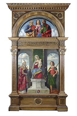 Madonna and Child Enthroned with Two Male Saints (1489) by Cima da Conegliano Madonna in trono con il Bambino tra i santi Dioniso e Vittore.JPG