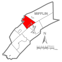 Pensilvaniya shtatining Mifflin okrugi xaritasi Brown Township-ni ta'kidlaydi