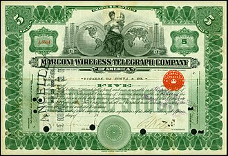 Share of the Marconi Wireless Telegraph Company of America, issued 30. October 1916 Marconi Wireless Telegraph 1916.jpg