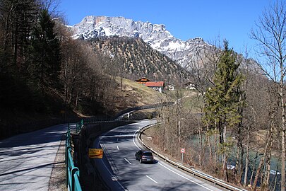 Cycling route Mozart-Radweg near Marktschellenberg, road B305, Untersberg mountains.