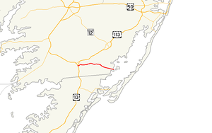 Mapa południowego wschodniego wybrzeża Maryland z zaznaczonymi głównymi drogami.  Maryland Route 366 biegnie z Pocomoke City na wschód do zatoki Chincoteague.