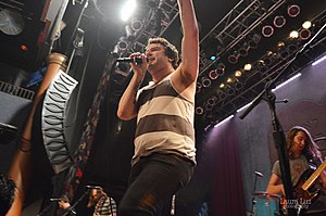 Vocalist Max Bemis and bassist Garron DuPree performing in concert