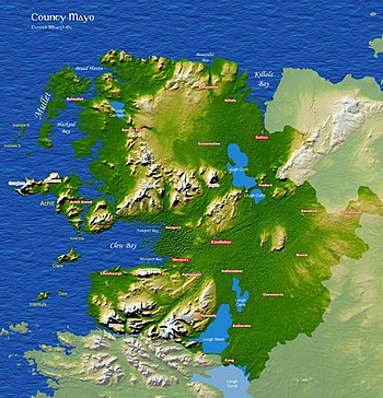 A map of County Mayo, with the Mullet Peninsula marked in the top left