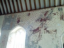 Mural of Saint George and the Dragon Mediaeval wall paintings, Llancarfan church, Wales (15319190635).jpg
