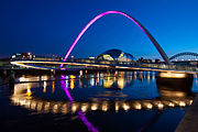 Picture Gateshead Millennium Bridge lit purple at dusk.The lights on the bridge vary in colour over the weekend.