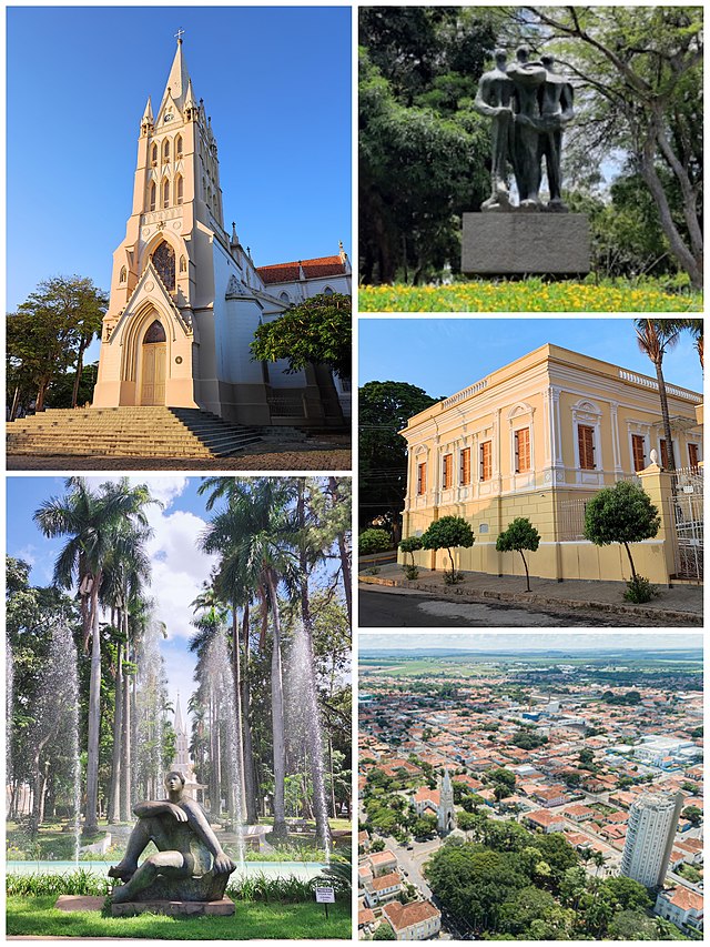 Da esquerda para a direita: Igreja matriz de São Sebastião, Fonte dos Amores, Escultura "Os Fundadores", de Bruno Giorgi; Casarão histórico de 1898, "Barão do Café", e vista panorâmica de Mococa.