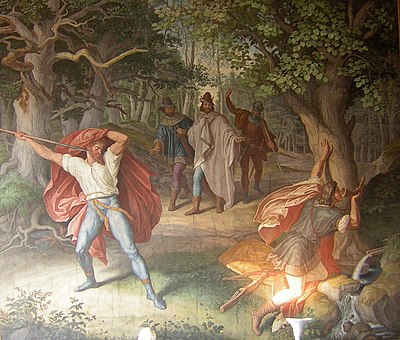 Hagens Mord an Siegfried, Fresko in den Nibelungensälen der Münchner Residenz