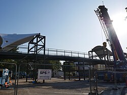 The Murdoch's Connection footbridge being assembled in a car park off Myton Street and the A63 in Kingston upon Hull.