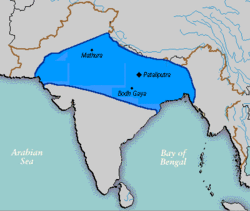 Kekaisaran Nanda pada puncak kejayaannya dibawah Dhana Nanda tahun 323 SM.[1]